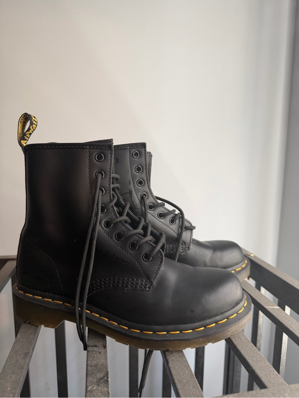 Dr. Martens Black Leather 8-Eye Lace-Up Boots with Yellow Stitching